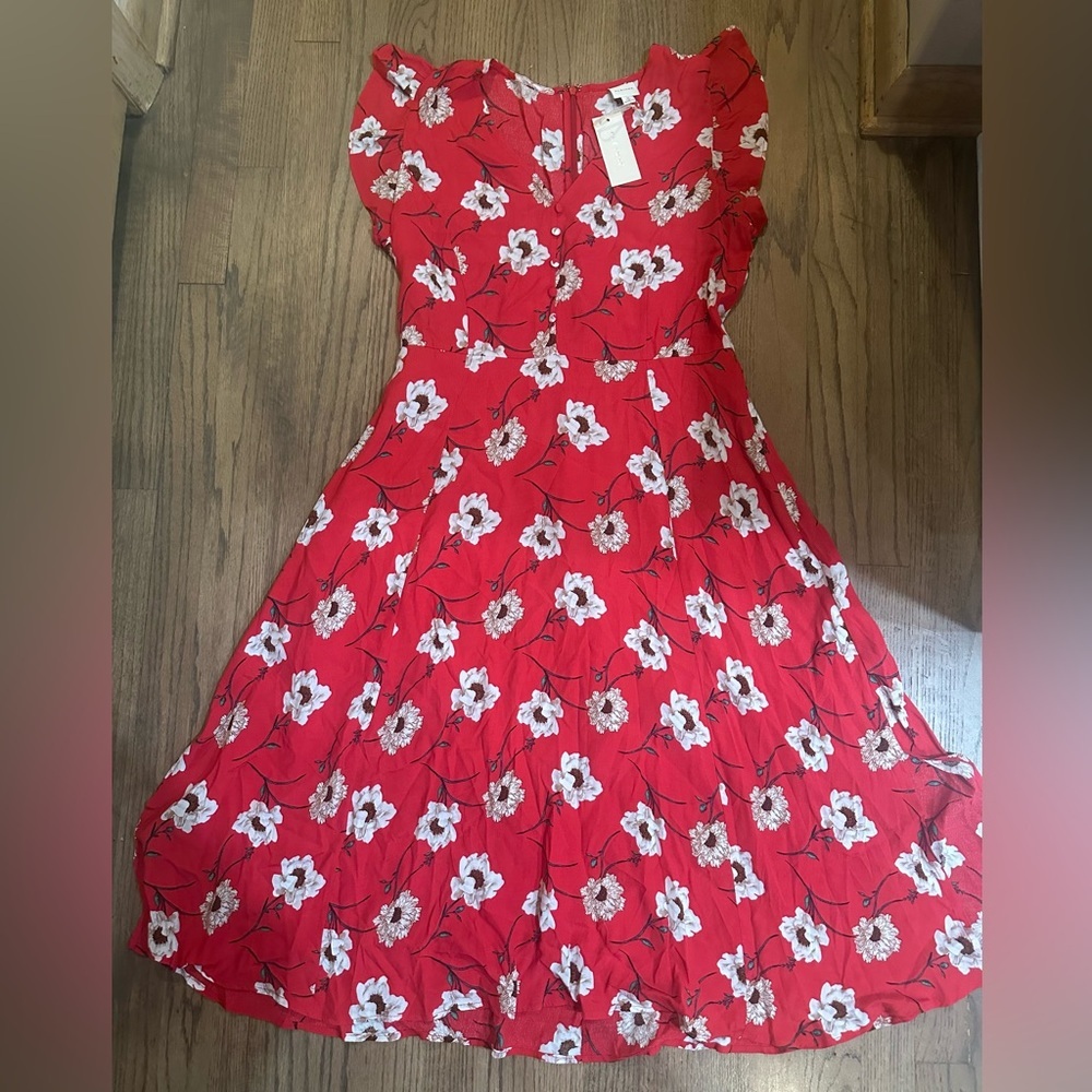 NWT Pleione Button Front V-Neck Flower Print Dress-Size Medium
